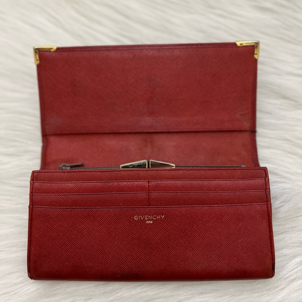 GIVENCHY - RED ORANGE ALL LEATHER LONG BIFOLD WALLET WITH GOLD PLATED CORNERS - Picture 6 of 11